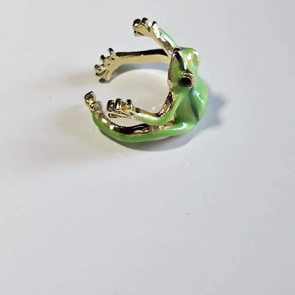 Gold Tone Green Enamel Hugging Frog Ring Colorful Fun